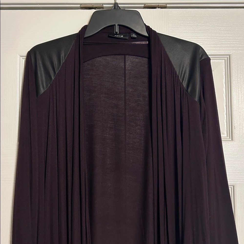 Lightweight Dark Purple Waterfall Cardigan with Faux Leather Accents